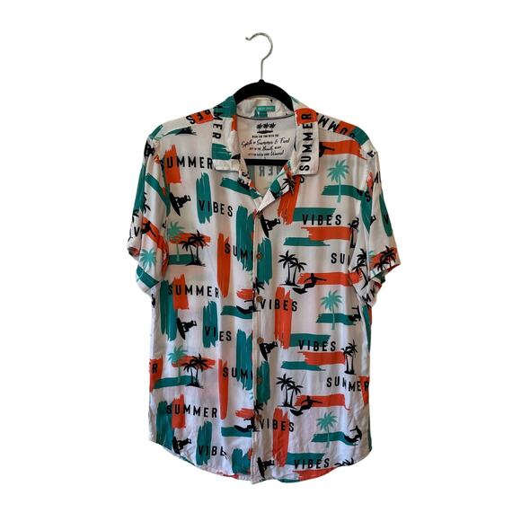 Vacay Spirit L white casual button down short sleeve t-shirt tropical summer - Picture 1 of 7